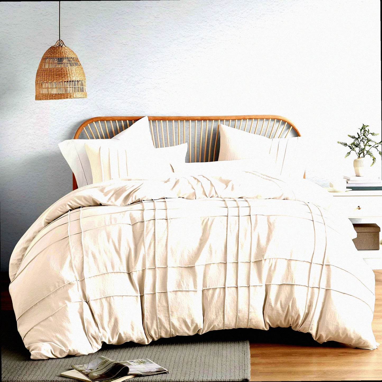 Pintuck Pleated Farmhouse Queen Comforter Set - Soft Cotton-Like Bedding with Lightweight All Season Microfiber, 3 Piece Queen Bed Set with Shams