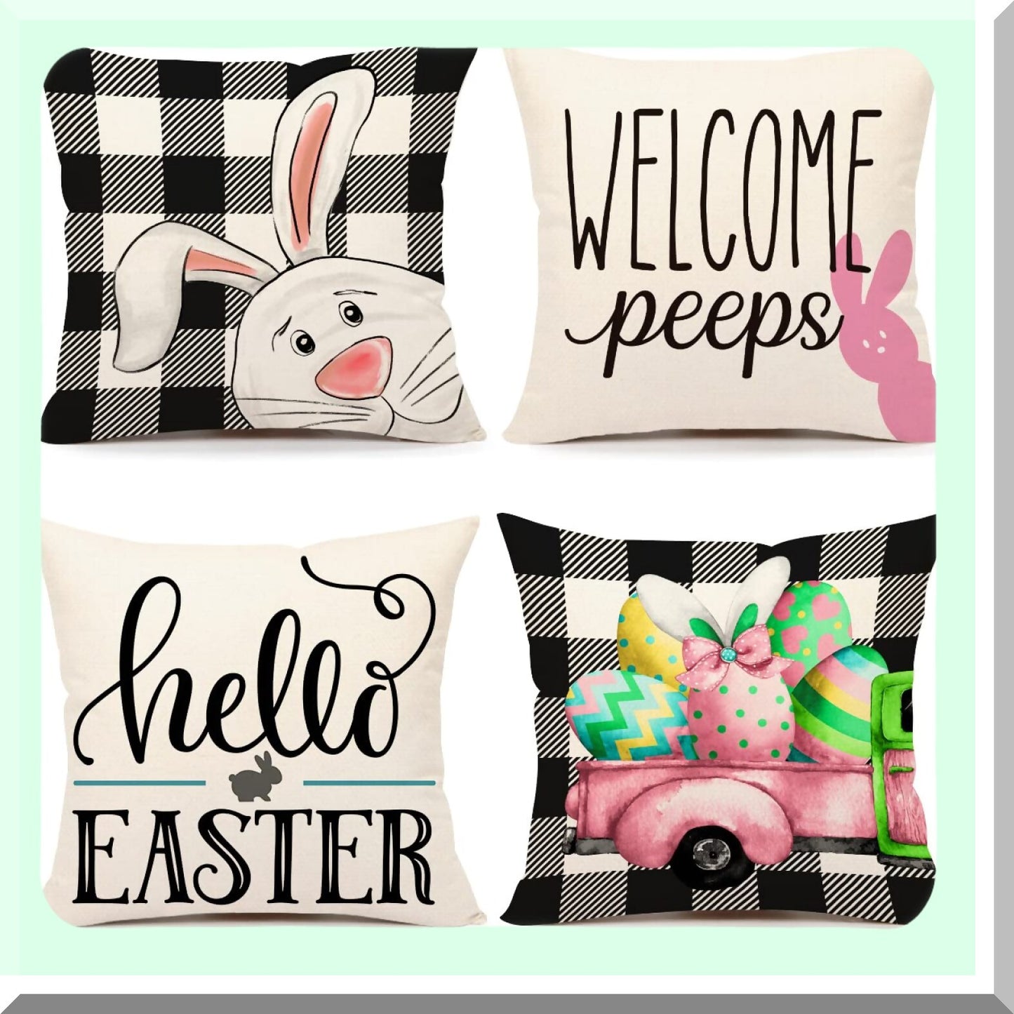 Spring Farmhouse Buffalo Plaid Bunny Eggs Pillow Covers Set - Decorative Throw Cushion Case 16x16 (Pack of 4) for Home Decor - TH086-16
