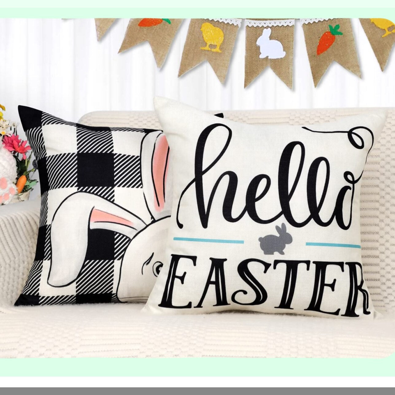 Spring Farmhouse Buffalo Plaid Bunny Eggs Pillow Covers Set - Decorative Throw Cushion Case 16x16 (Pack of 4) for Home Decor - TH086-16