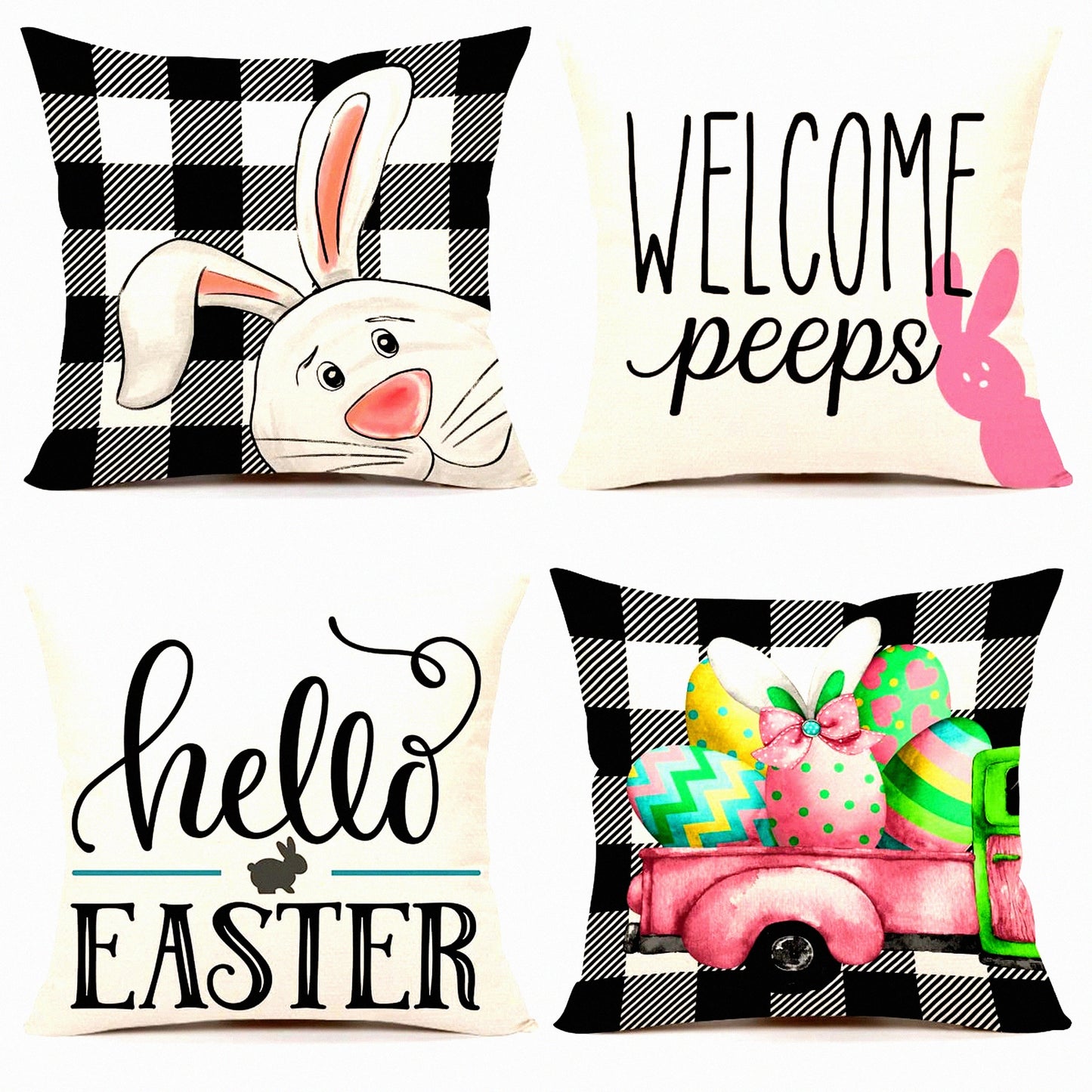 Spring Farmhouse Buffalo Plaid Bunny Eggs Pillow Covers Set - Decorative Throw Cushion Case 16x16 (Pack of 4) for Home Decor - TH086-16