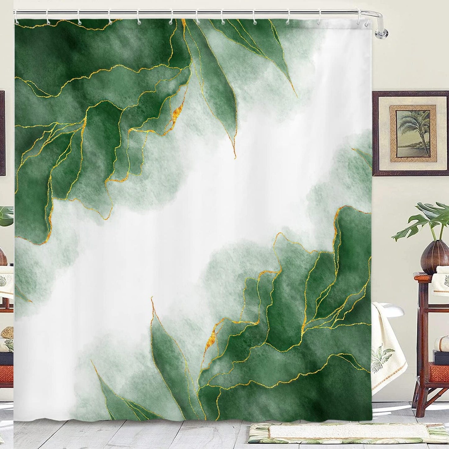 Green Gold Ombre Marble Shower Curtain 70x70in