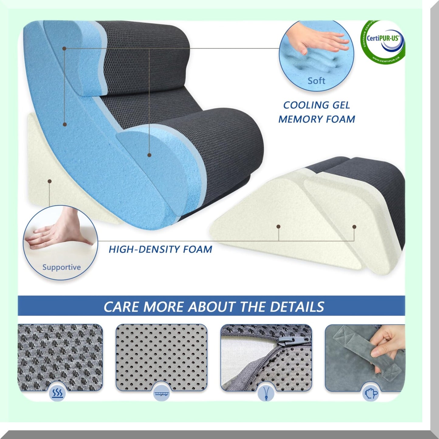 OrthoSleep Memory Foam Wedge Pillow Set - 6 Piece Orthopedic Support for Back, Neck, Legs - Acid Reflux, GERD Relief - Travel Bag Included - Gray, 20''