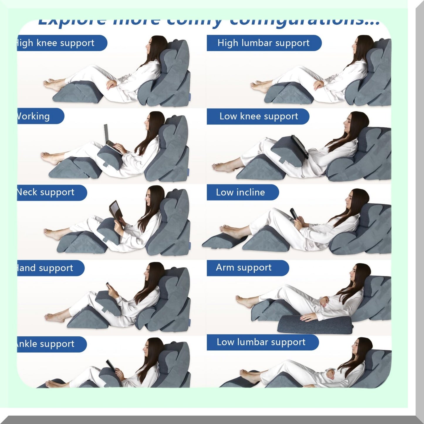 OrthoSleep Memory Foam Wedge Pillow Set - 6 Piece Orthopedic Support for Back, Neck, Legs - Acid Reflux, GERD Relief - Travel Bag Included - Gray, 20''