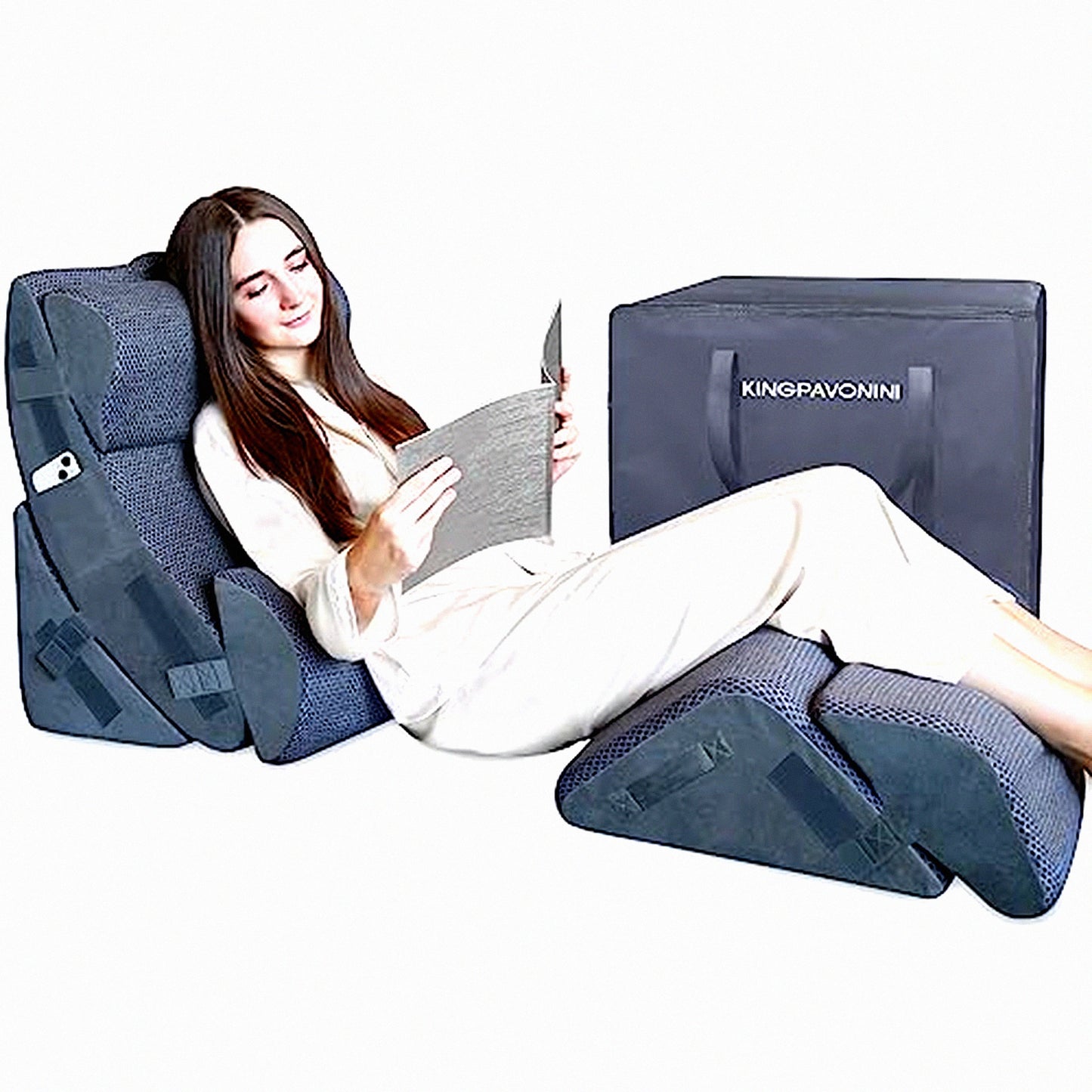 OrthoSleep Memory Foam Wedge Pillow Set - 6 Piece Orthopedic Support for Back, Neck, Legs - Acid Reflux, GERD Relief - Travel Bag Included - Gray, 20''