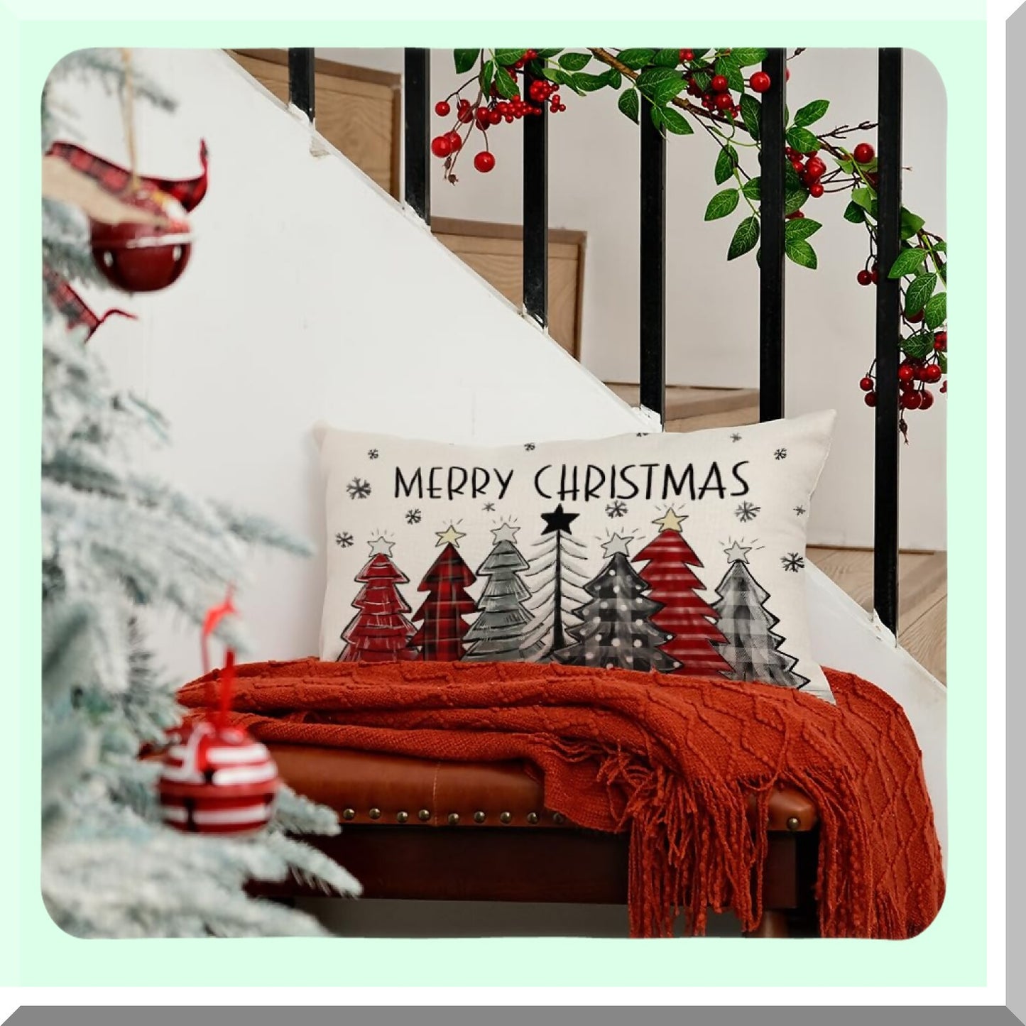 Winter Wonderland Buffalo Plaid Pillow Cover - Colorful Trees Snowflake Holiday Farmhouse Decor - 12X20 Inch Red Sofa Couch Decoration