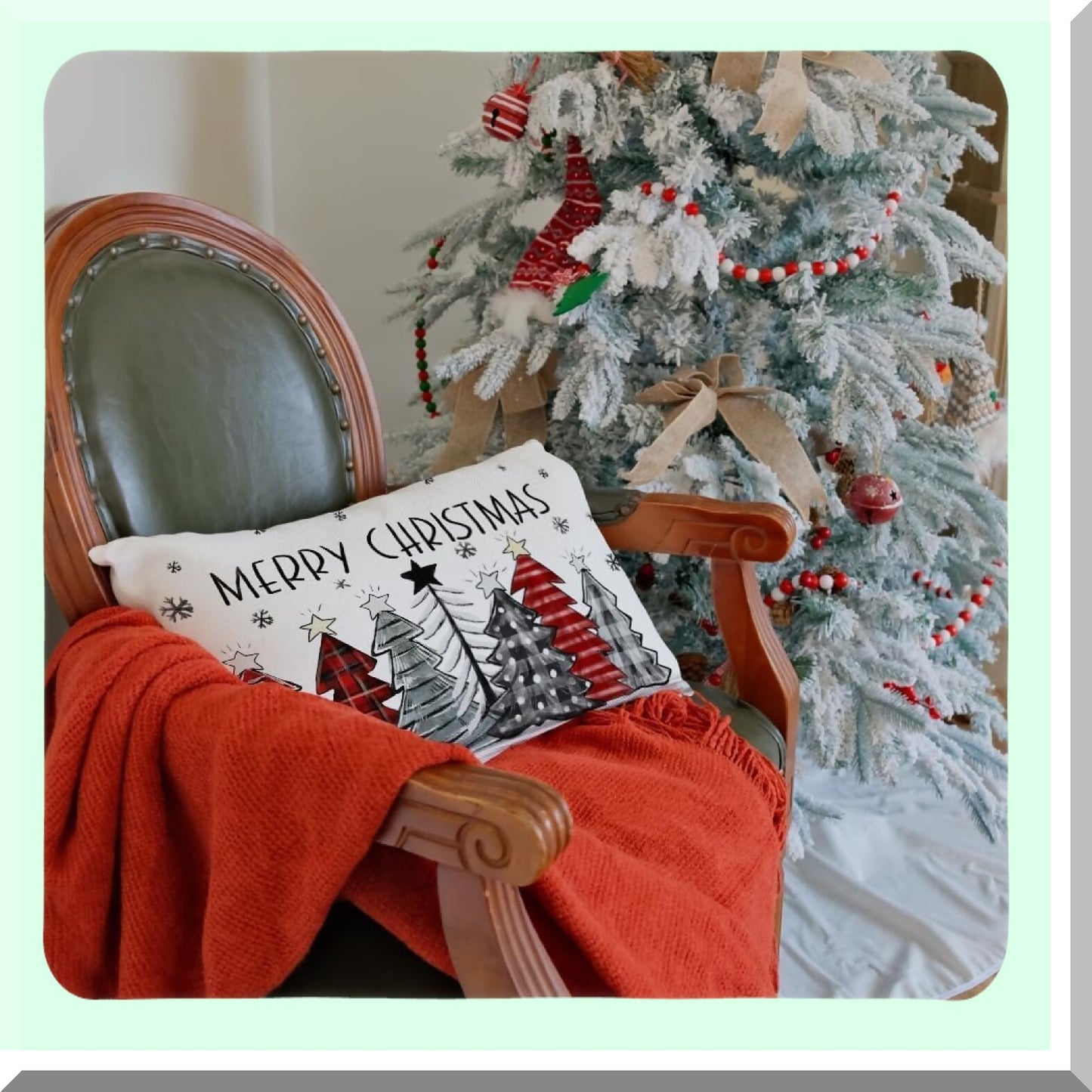 Winter Wonderland Buffalo Plaid Pillow Cover - Colorful Trees Snowflake Holiday Farmhouse Decor - 12X20 Inch Red Sofa Couch Decoration