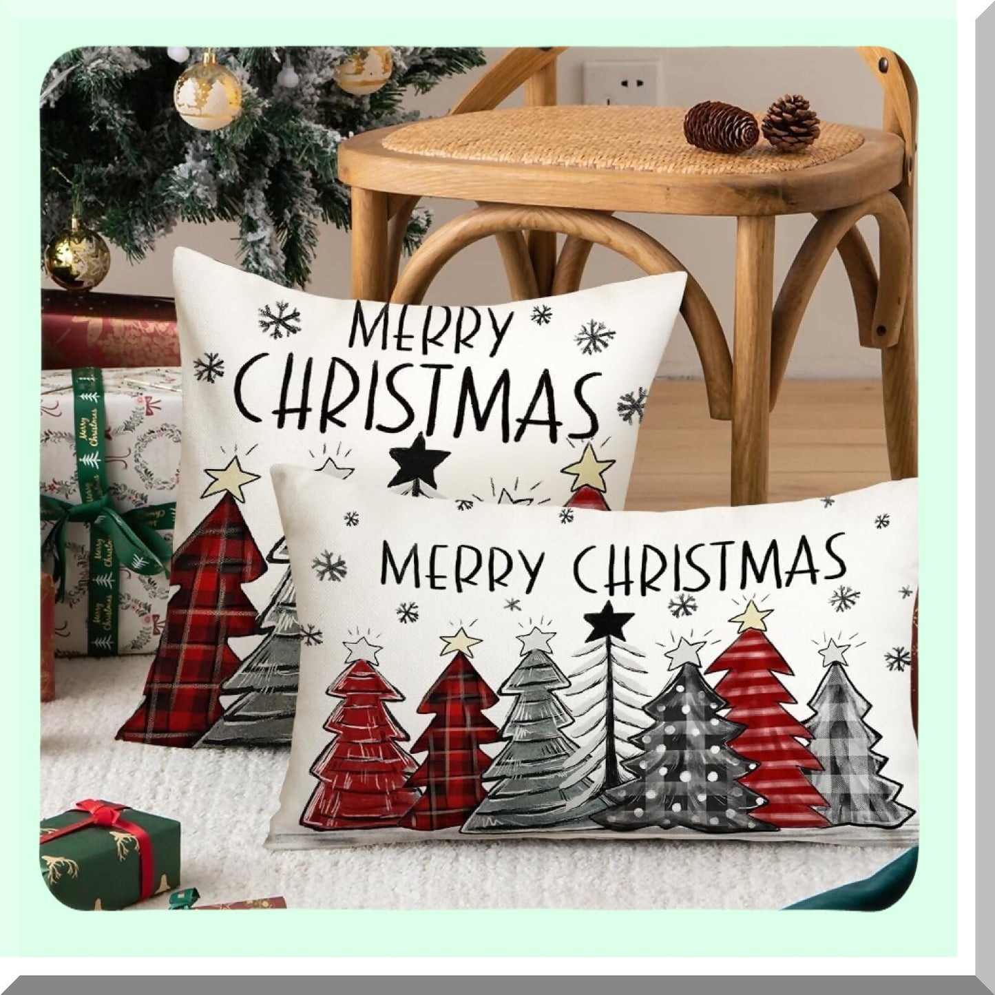 Winter Wonderland Buffalo Plaid Pillow Cover - Colorful Trees Snowflake Holiday Farmhouse Decor - 12X20 Inch Red Sofa Couch Decoration