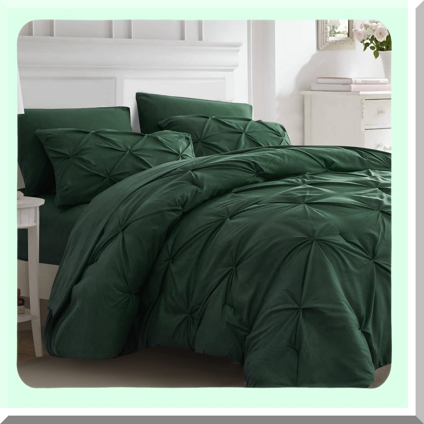 Emerald Dream 7-Piece Comforter Set - Queen Size | Dark Green Hunter Green Bed in a Bag | All Season Pinched Pleat Bedding with Sheets | Green Queen