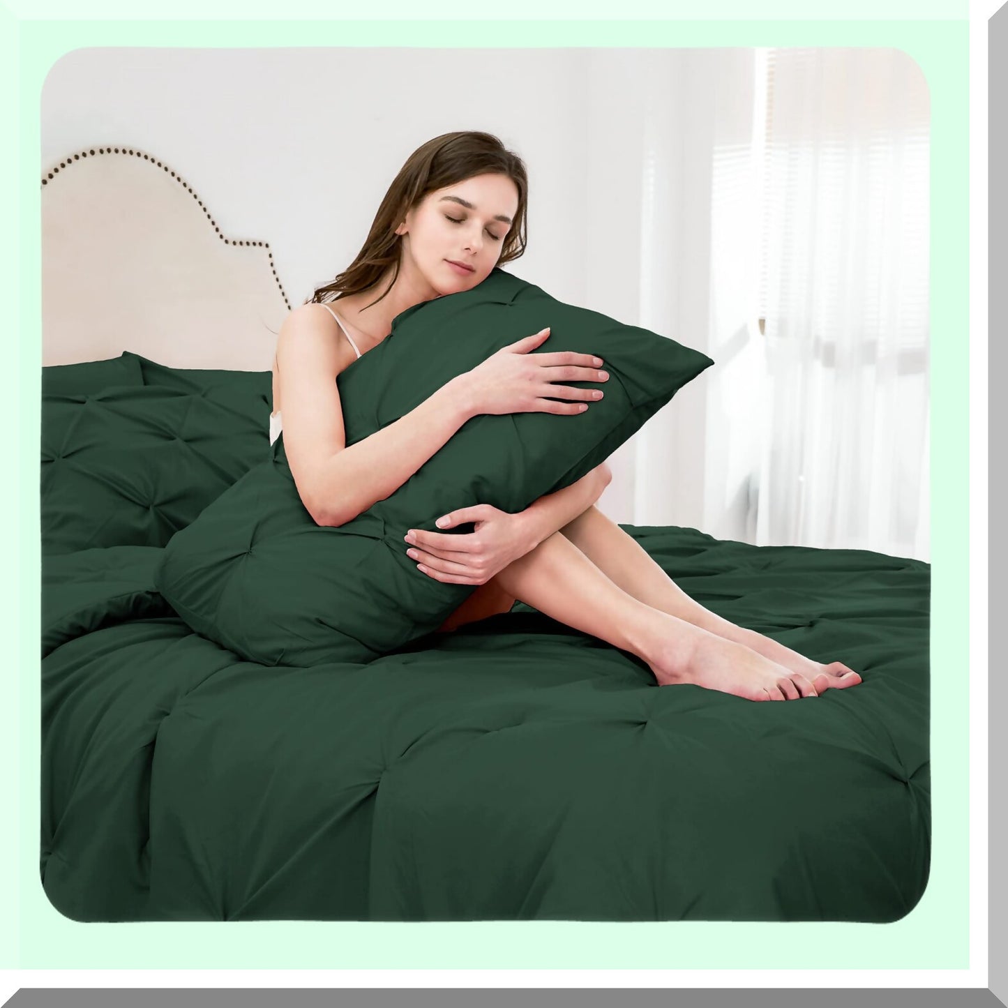 Emerald Dream 7-Piece Comforter Set - Queen Size | Dark Green Hunter Green Bed in a Bag | All Season Pinched Pleat Bedding with Sheets | Green Queen