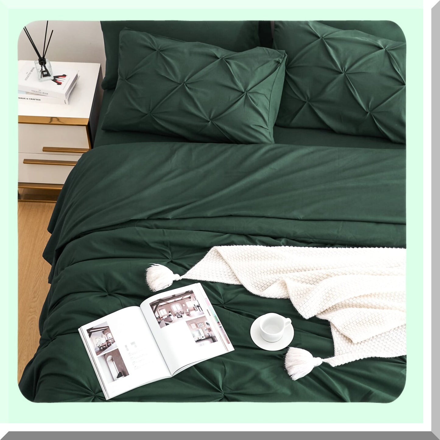 Emerald Dream 7-Piece Comforter Set - Queen Size | Dark Green Hunter Green Bed in a Bag | All Season Pinched Pleat Bedding with Sheets | Green Queen