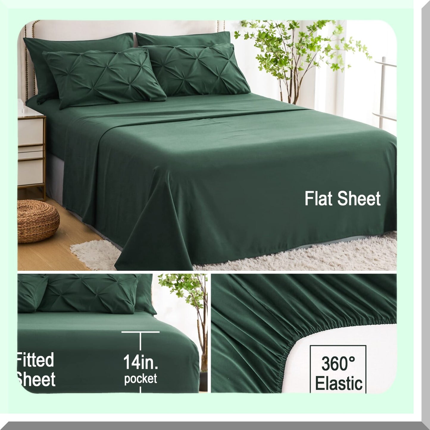 Emerald Dream 7-Piece Comforter Set - Queen Size | Dark Green Hunter Green Bed in a Bag | All Season Pinched Pleat Bedding with Sheets | Green Queen