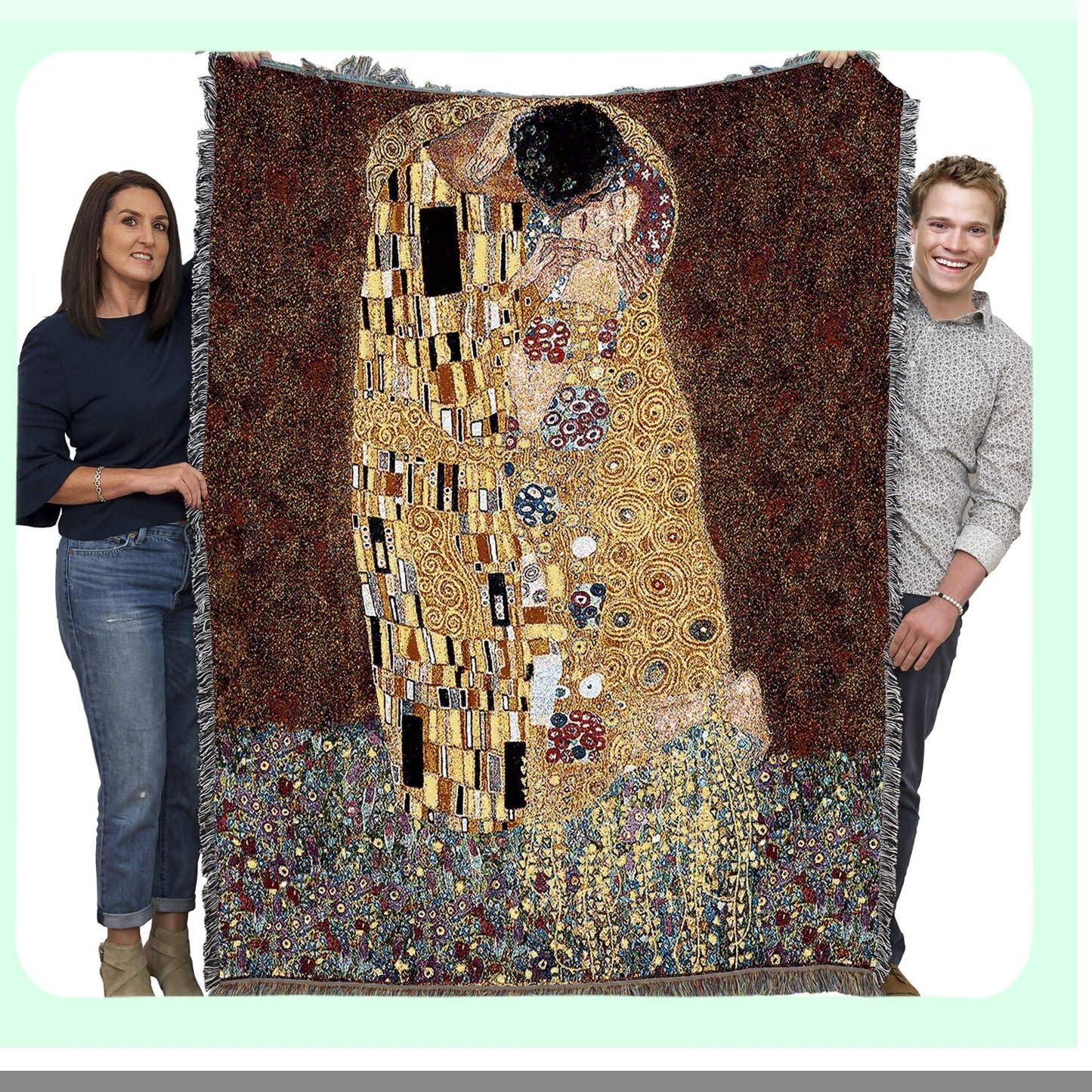 Romantic Embrace Cotton Tapestry Throw - Fine Art Blanket Inspired by Gustav Klimt's The Kiss - Made in USA, 72x54