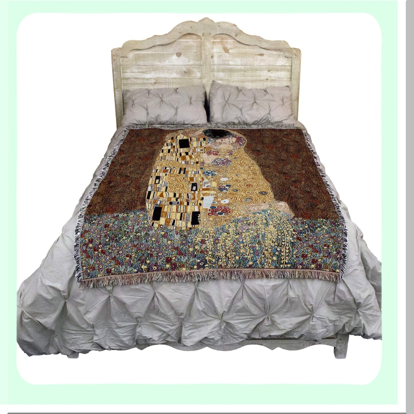 Romantic Embrace Cotton Tapestry Throw - Fine Art Blanket Inspired by Gustav Klimt's The Kiss - Made in USA, 72x54