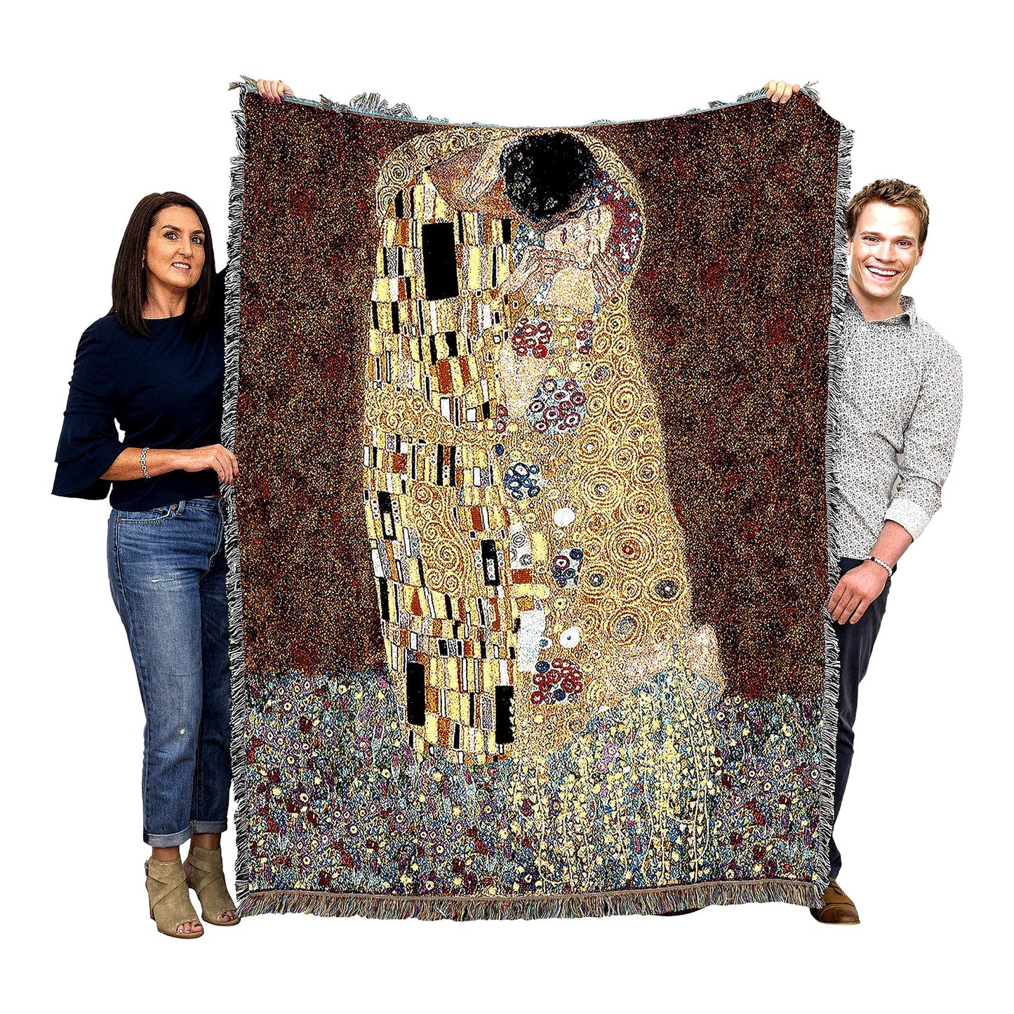 Romantic Embrace Cotton Tapestry Throw - Fine Art Blanket Inspired by Gustav Klimt's The Kiss - Made in USA, 72x54