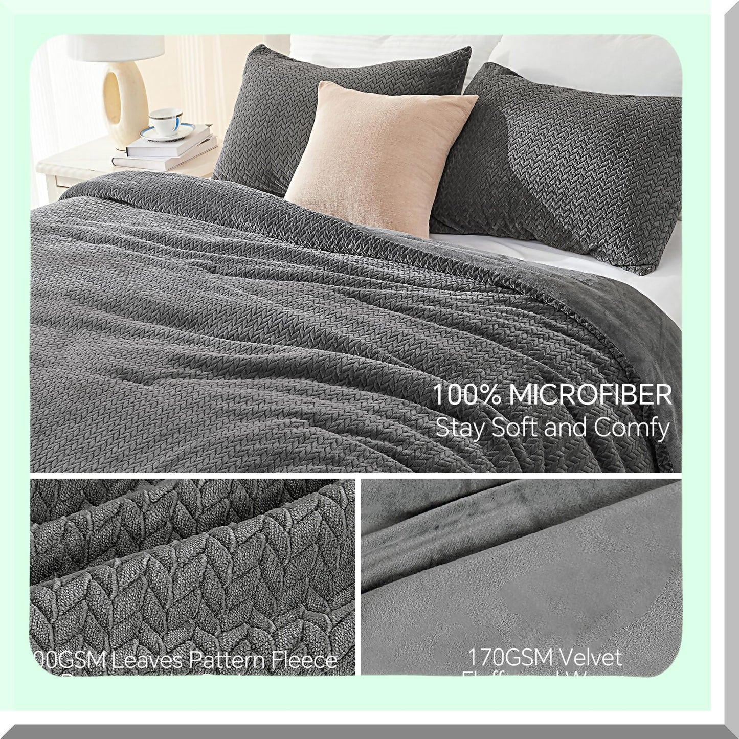 WinterFur Comfort Queen Set - Grey Furry Leaves Pattern Bedding - Ultra Soft Velvet 3 Piece Bed Set - Fluffy Queen Comforter Set