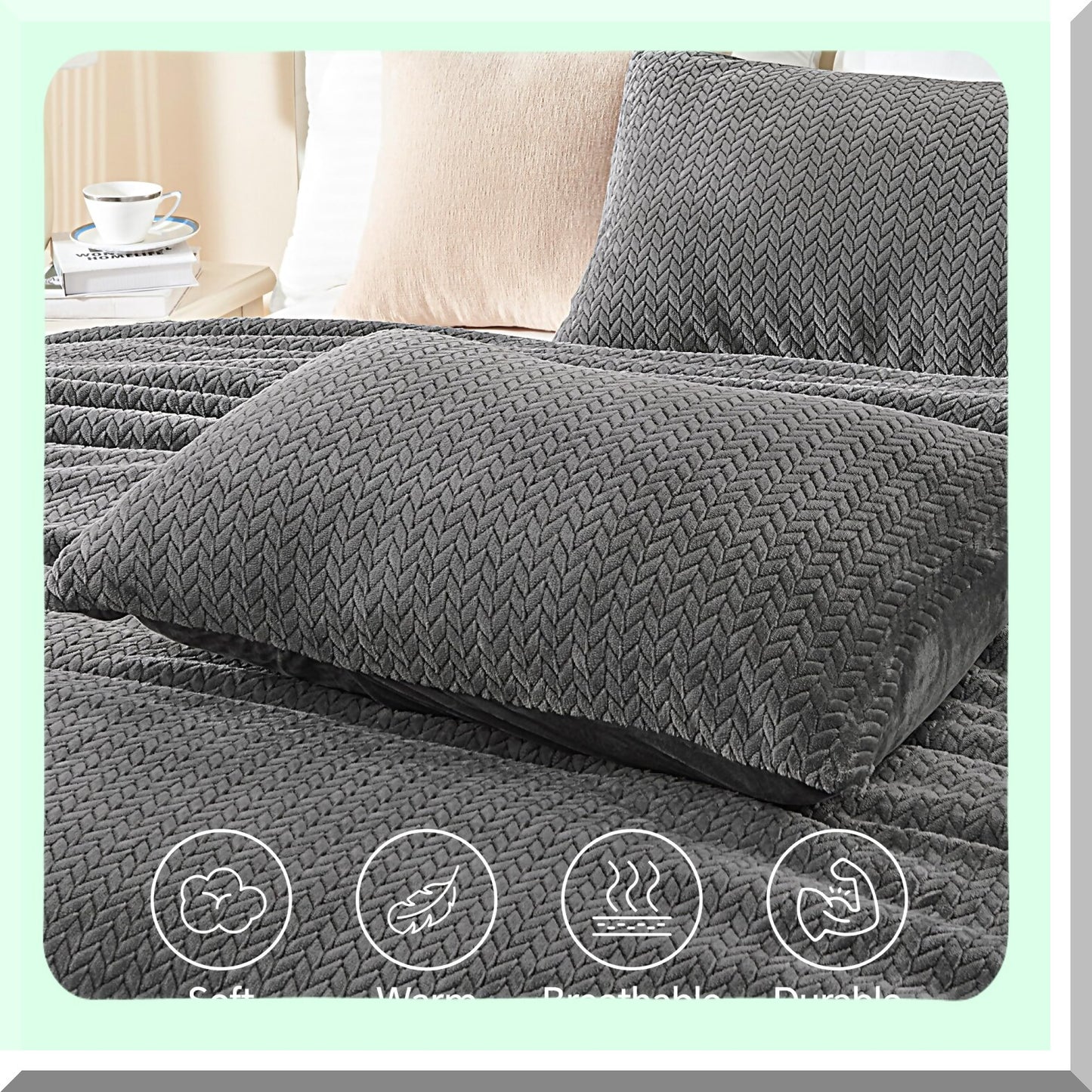 WinterFur Comfort Queen Set - Grey Furry Leaves Pattern Bedding - Ultra Soft Velvet 3 Piece Bed Set - Fluffy Queen Comforter Set