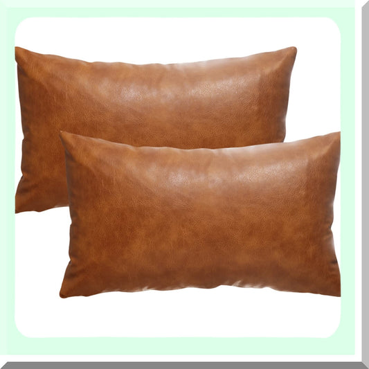 Farmhouse Lumbar Leather Pillow Covers - Set of 2 Cognac Brown 12x20 Inch Modern Boho Outdoor Sofa Decor for Living Room Bedroom Couch Bed