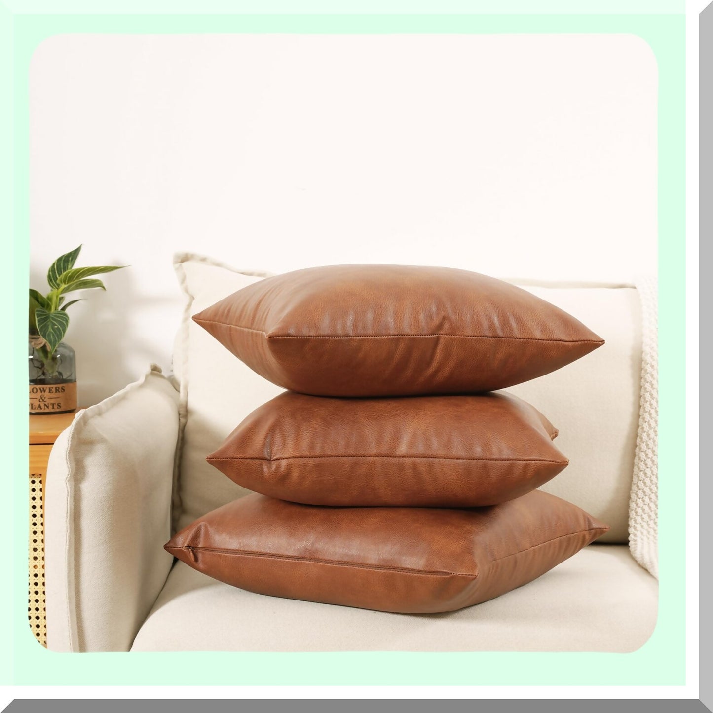 Farmhouse Lumbar Leather Pillow Covers - Set of 2 Cognac Brown 12x20 Inch Modern Boho Outdoor Sofa Decor for Living Room Bedroom Couch Bed