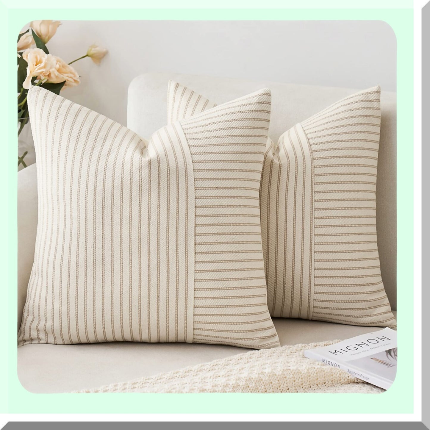 Striped Linen Patchwork Farmhouse Pillow Covers - Set of 2 Modern Accent Cases for Sofa Couch - Khaki Beige 18x18 Inch Decorative Bedroom Cushions