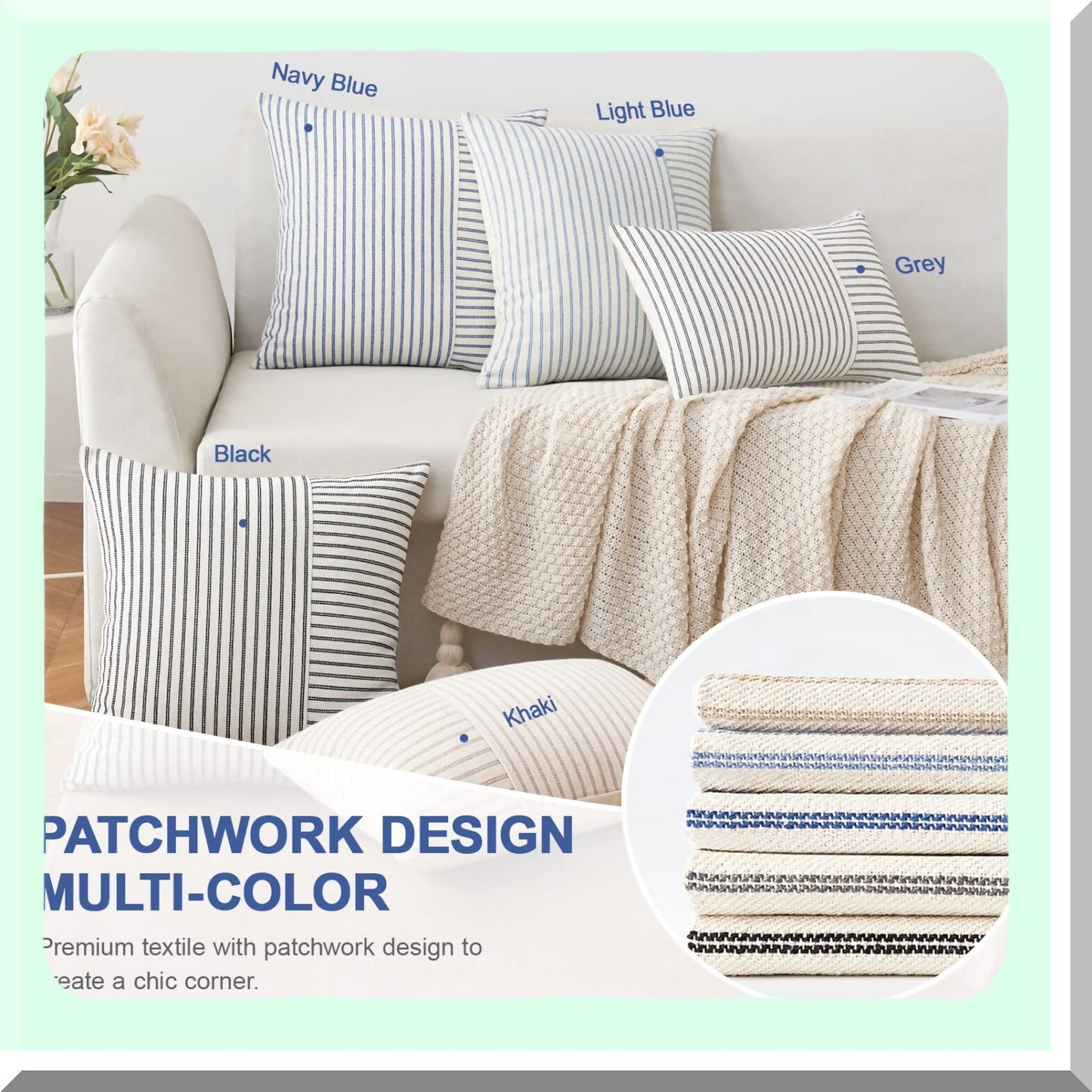 Striped Linen Patchwork Farmhouse Pillow Covers - Set of 2 Modern Accent Cases for Sofa Couch - Khaki Beige 18x18 Inch Decorative Bedroom Cushions