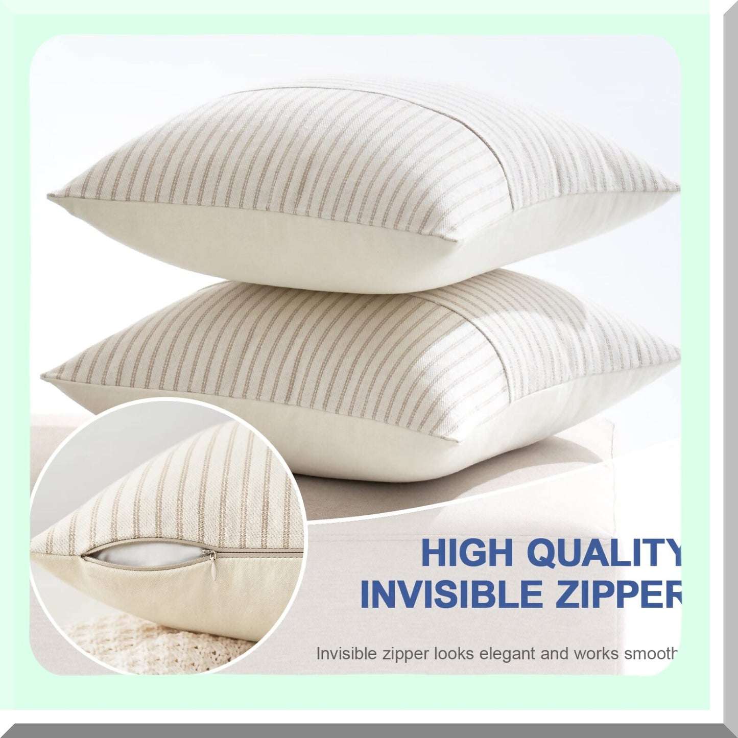 Striped Linen Patchwork Farmhouse Pillow Covers - Set of 2 Modern Accent Cases for Sofa Couch - Khaki Beige 18x18 Inch Decorative Bedroom Cushions