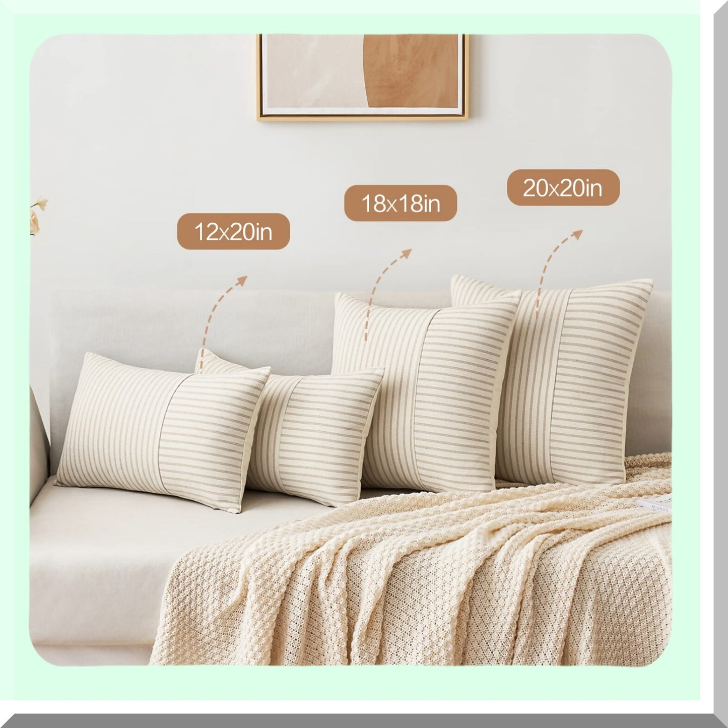 Striped Linen Patchwork Farmhouse Pillow Covers - Set of 2 Modern Accent Cases for Sofa Couch - Khaki Beige 18x18 Inch Decorative Bedroom Cushions