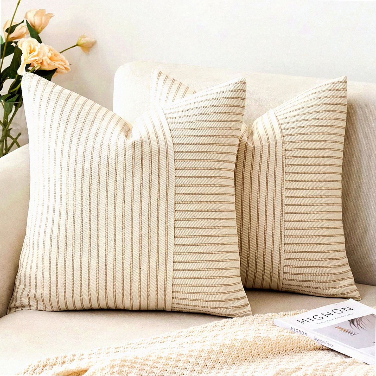 Striped Linen Patchwork Farmhouse Pillow Covers - Set of 2 Modern Accent Cases for Sofa Couch - Khaki Beige 18x18 Inch Decorative Bedroom Cushions