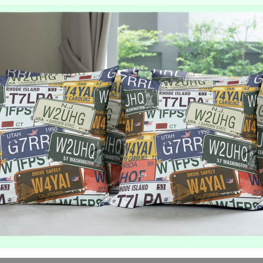 Retro License Plate Decorative Pillow Case Set - Vintage Style Cushion Covers for Couch, Car, Living Room - Pack of 4, Personalized Travel Vacation Theme - 18" Blue Green