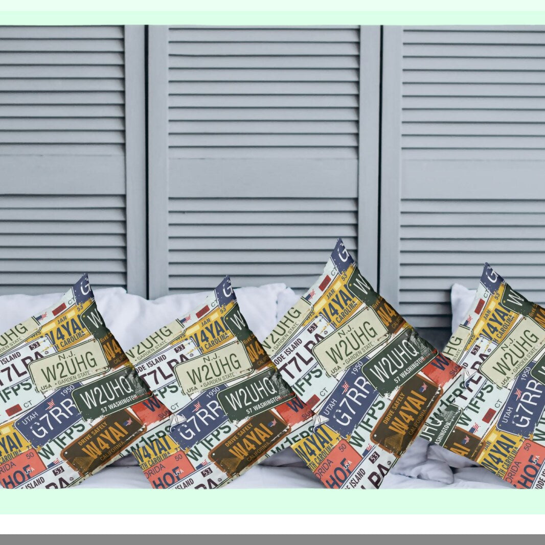 Retro License Plate Decorative Pillow Case Set - Vintage Style Cushion Covers for Couch, Car, Living Room - Pack of 4, Personalized Travel Vacation Theme - 18" Blue Green
