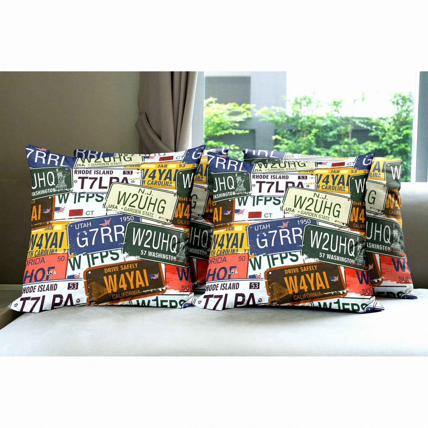 Retro License Plate Decorative Pillow Case Set - Vintage Style Cushion Covers for Couch, Car, Living Room - Pack of 4, Personalized Travel Vacation Theme - 18" Blue Green