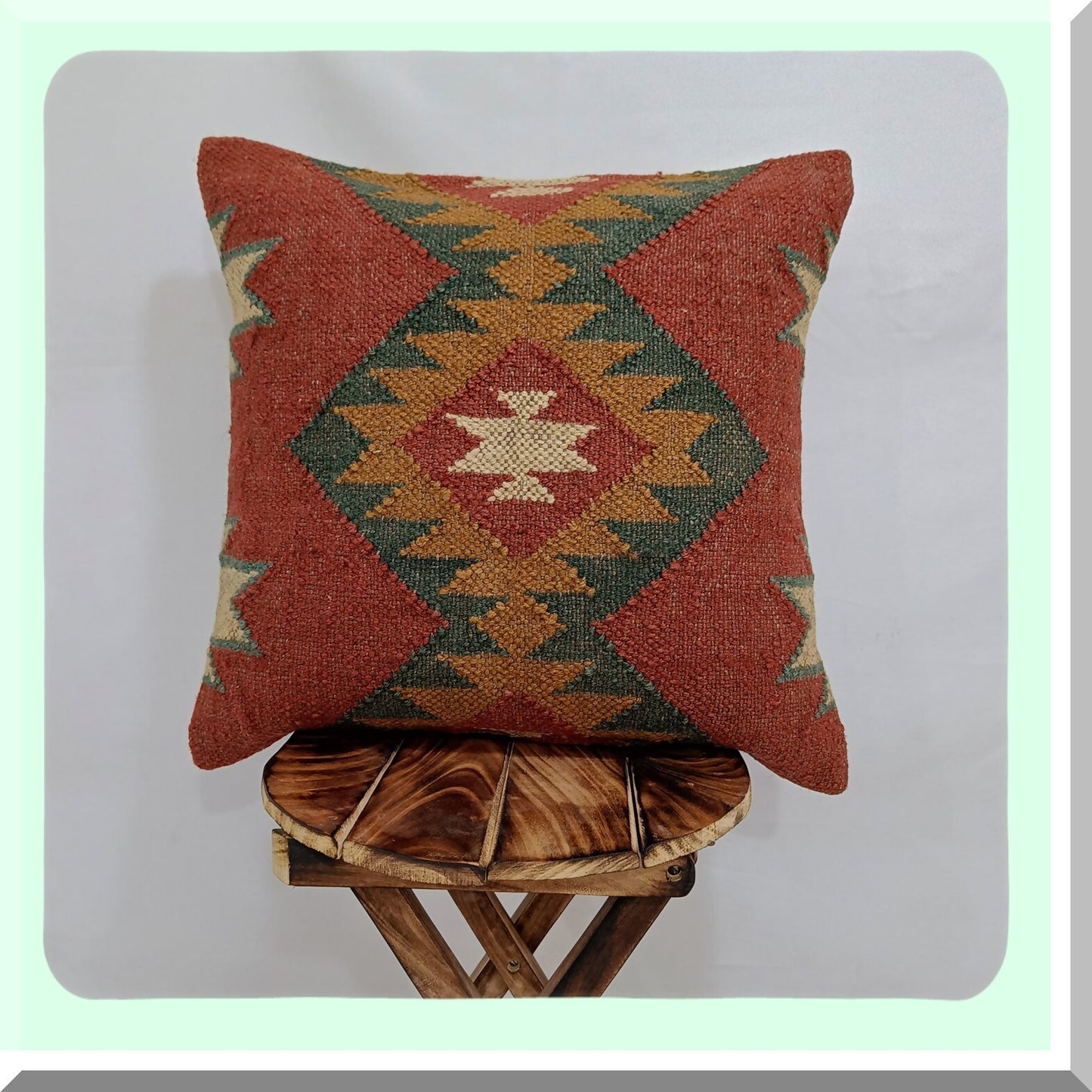 Vintage Ethnic Jute Cushion Cover - Handwoven Kilim Pillow Case 18x18 - Decorative Square Rug Sham - Home Decor Patterned Pillows