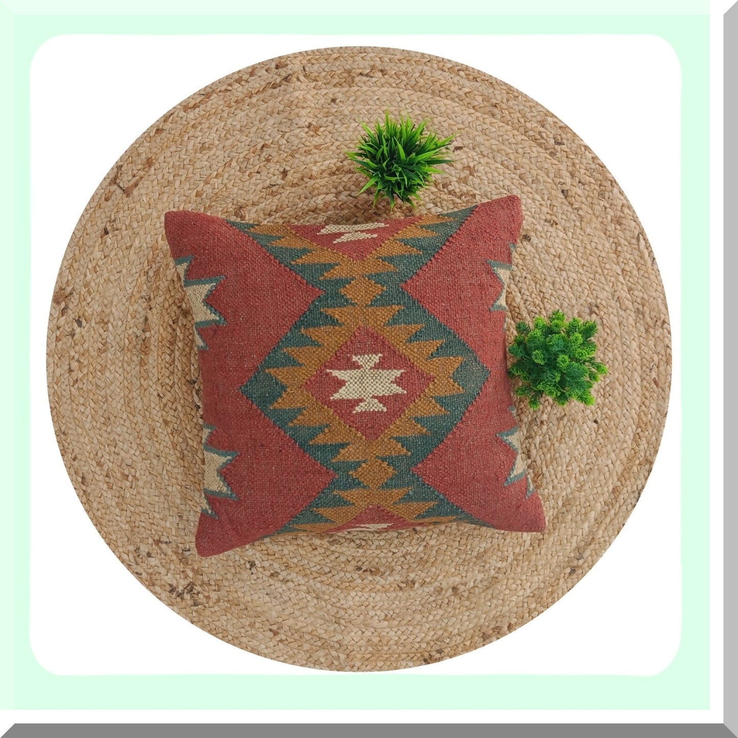 Vintage Ethnic Jute Cushion Cover - Handwoven Kilim Pillow Case 18x18 - Decorative Square Rug Sham - Home Decor Patterned Pillows