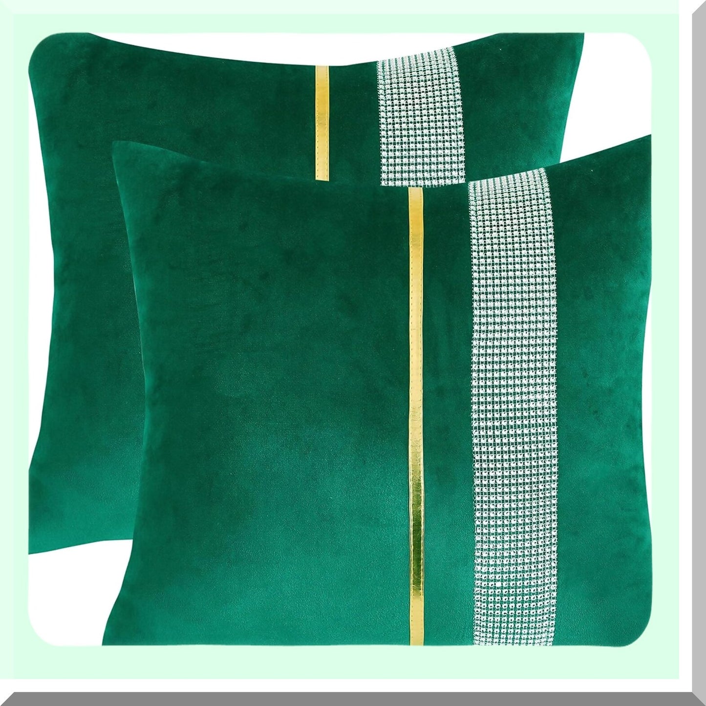 Diamond Luxe Green Velvet Pillow Covers - Set of 2 | Striped Gold Leather Decor | Luxury Sofa Cushion Cases for Living Room & Bedroom