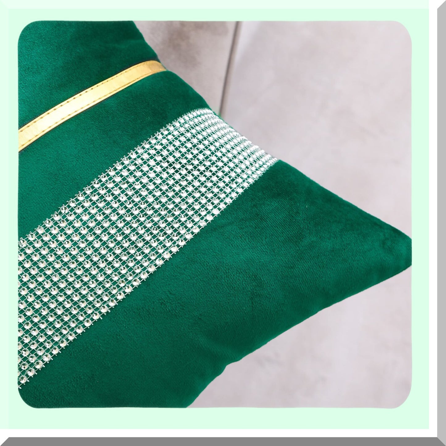 Diamond Luxe Green Velvet Pillow Covers - Set of 2 | Striped Gold Leather Decor | Luxury Sofa Cushion Cases for Living Room & Bedroom