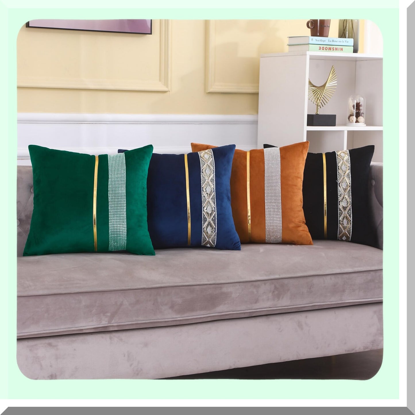 Diamond Luxe Green Velvet Pillow Covers - Set of 2 | Striped Gold Leather Decor | Luxury Sofa Cushion Cases for Living Room & Bedroom