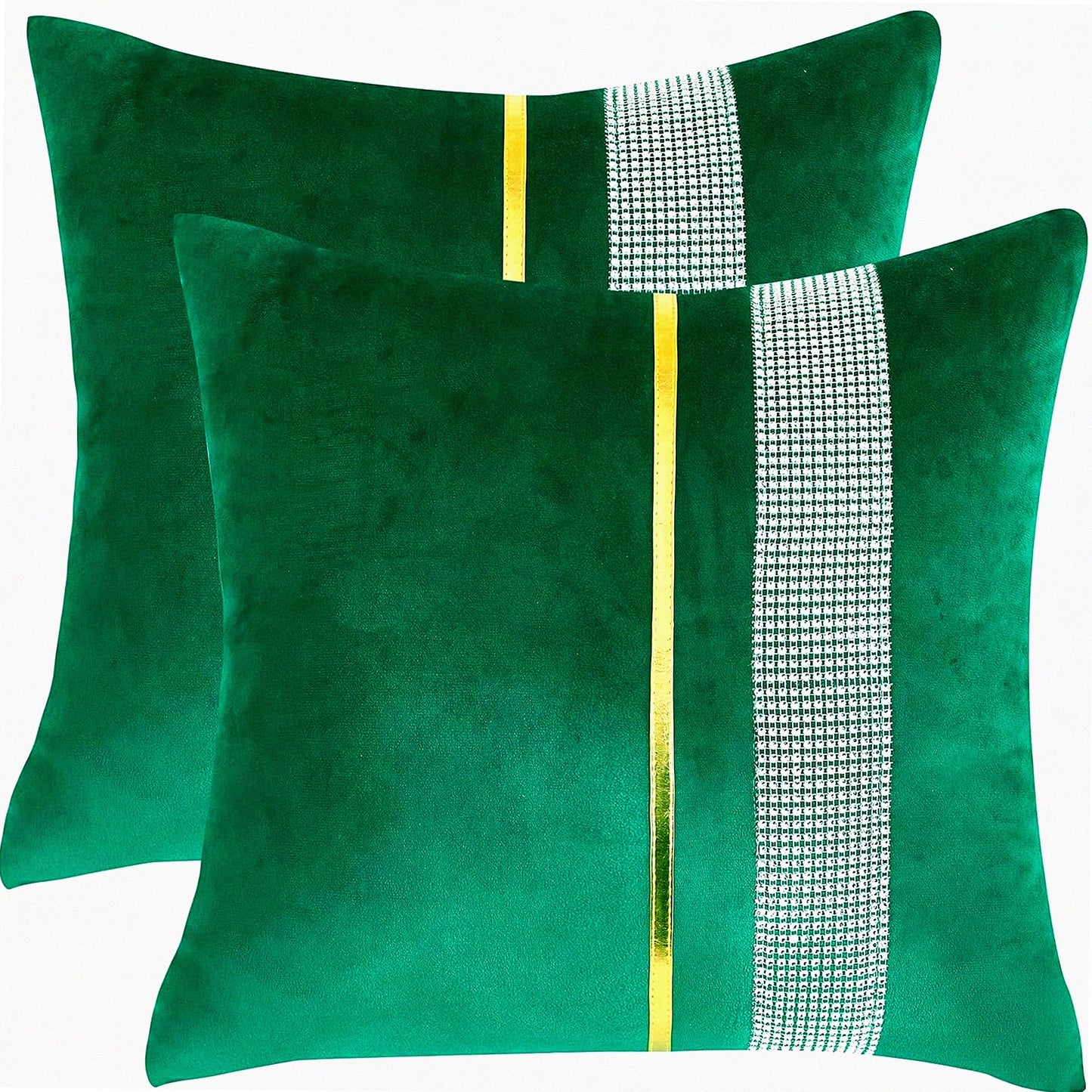Diamond Luxe Green Velvet Pillow Covers - Set of 2 | Striped Gold Leather Decor | Luxury Sofa Cushion Cases for Living Room & Bedroom