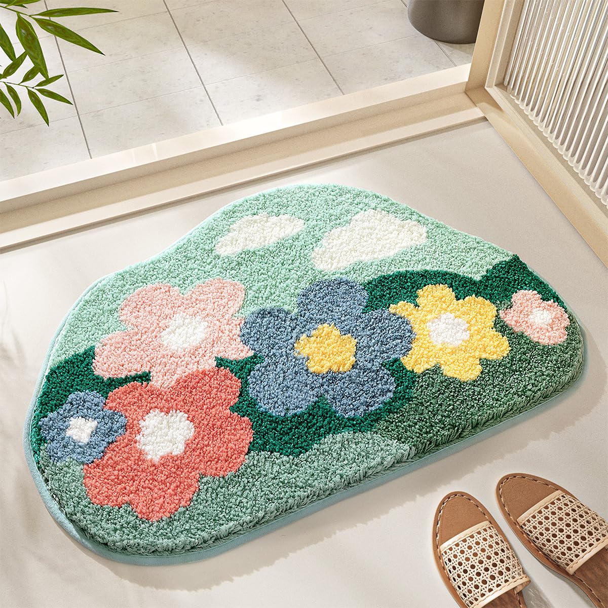 Flowers Extra Absorbent Microfiber Bath Rug 18"x27" Green