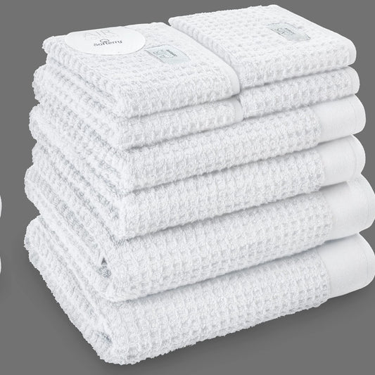 Waffle Bath Towel Set 8 White 100% Cotton