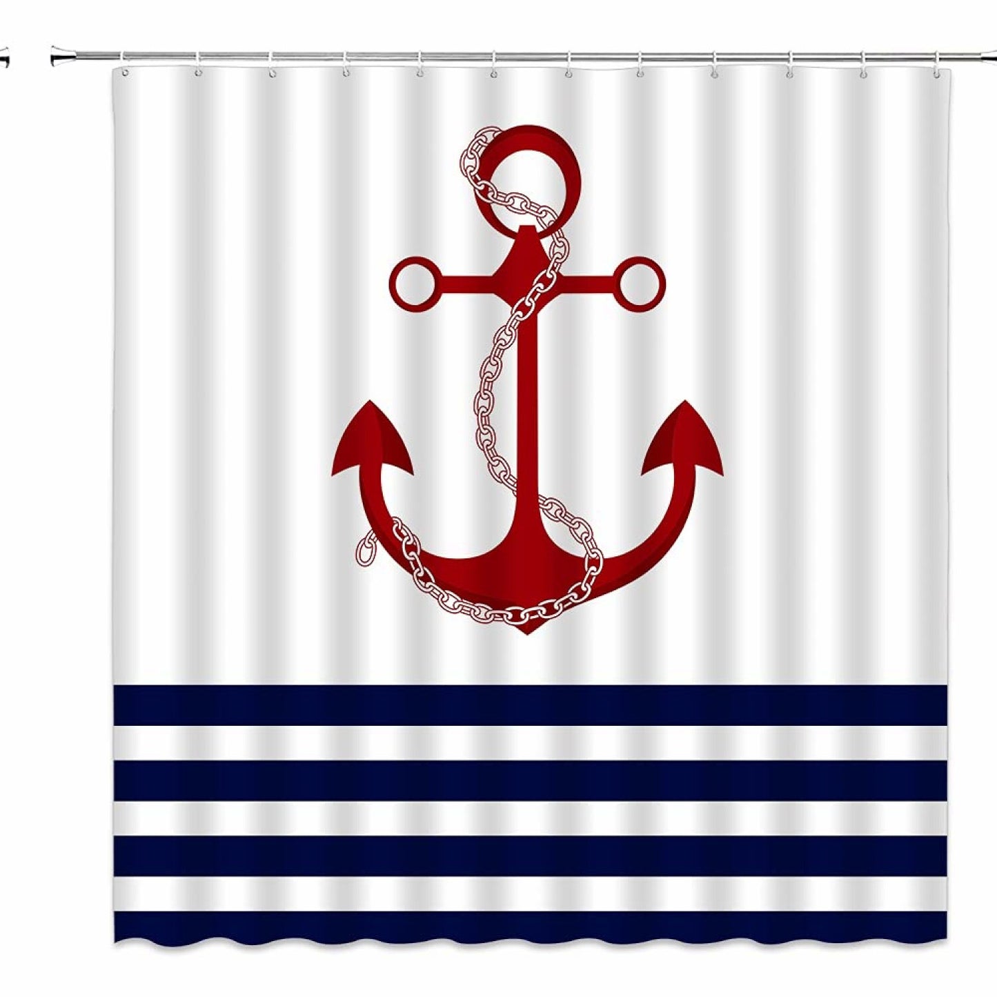 Red Anchor Shower Curtain 70x70 inch Navy Blue White Stripe