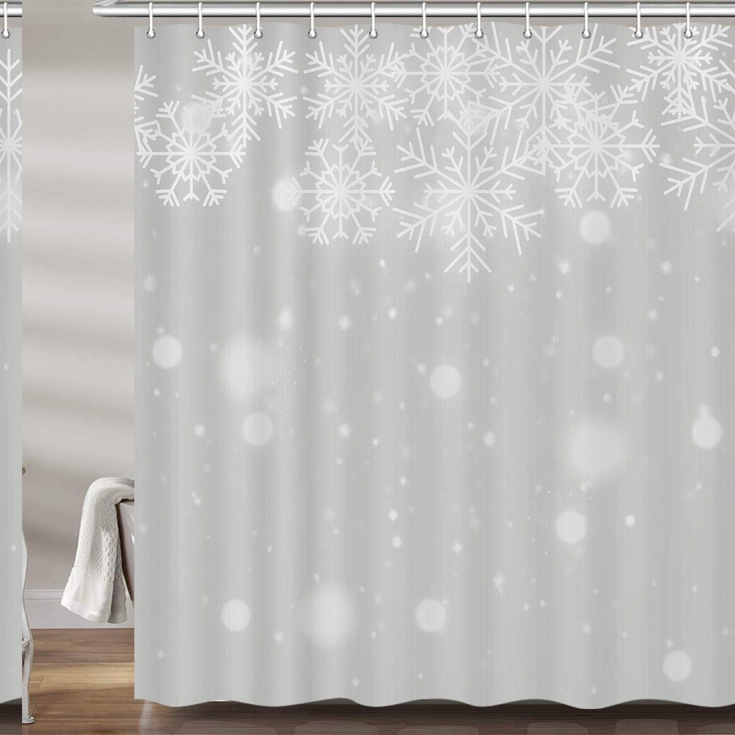 Winter White Silver Snowflake Shower Curtain Set 69x70 Inches