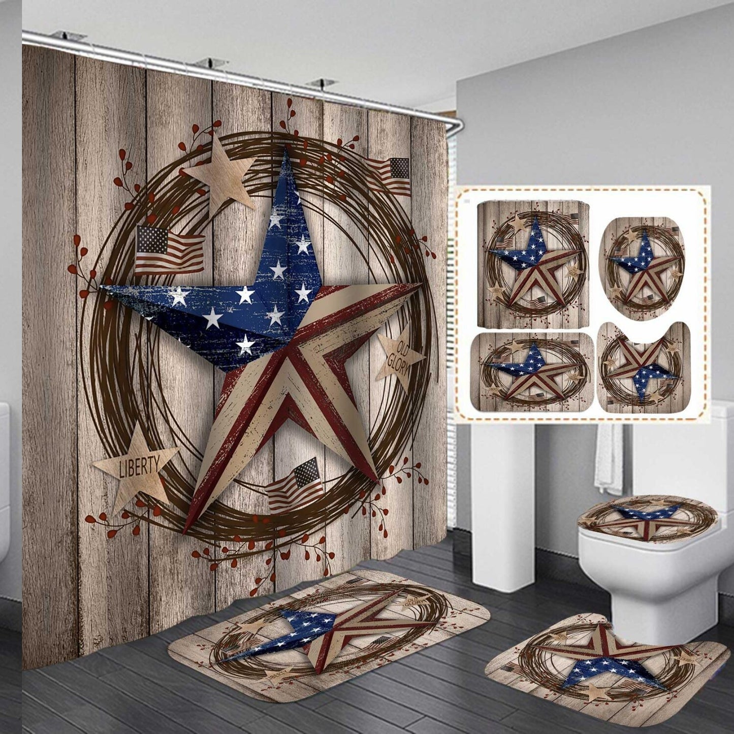 Farmhouse Shower Curtain 4PCS Set with Bath Rugs