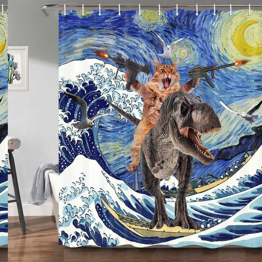 Funny Cat Dinosaur Ocean Wave Shower Curtain Set