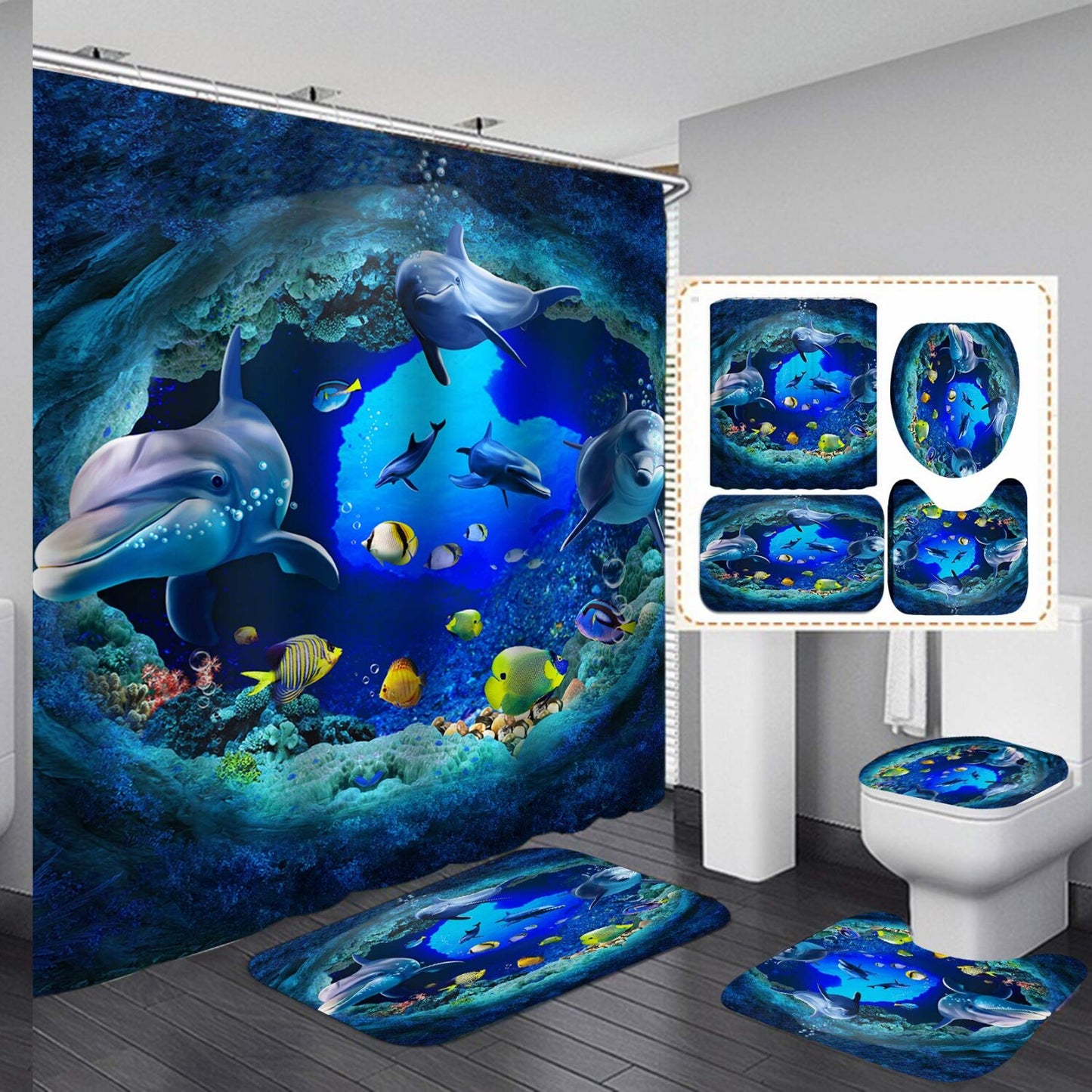 Sea World Dolphin Shower Curtain Set 4pcs