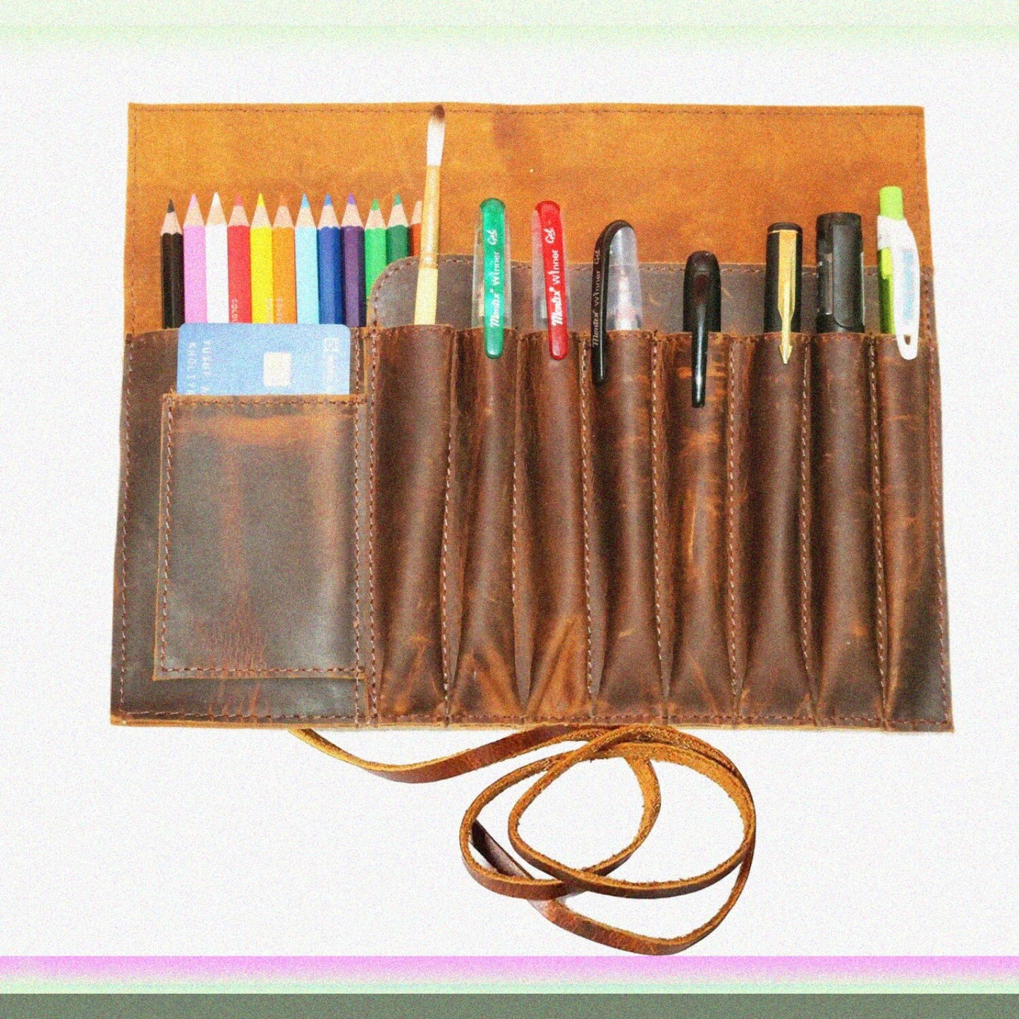 Genuine Leather Pencil Roll Brown L