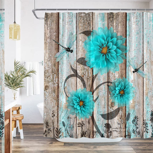 Rustic Wooden Teal Dahlia Shower Curtain 70x70 Inches
