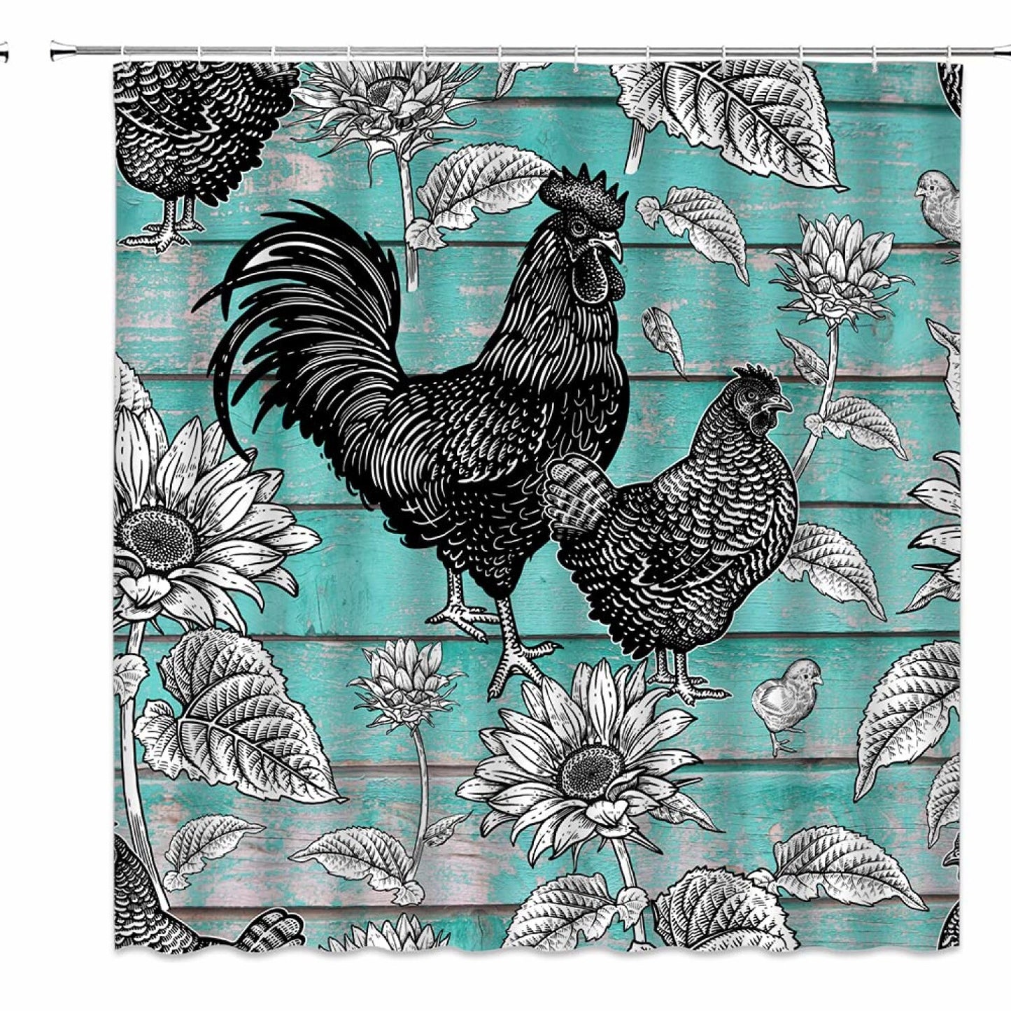 Rustic Farmhouse Chicken Shower Curtain 70x70 Inch Teal Black Gray