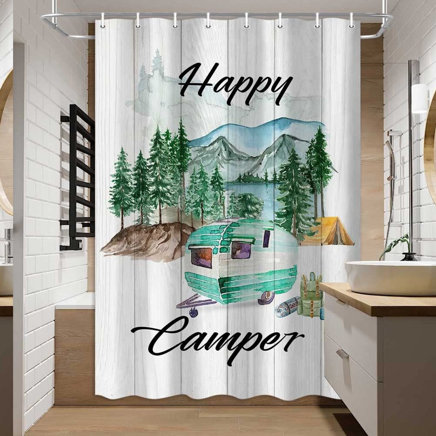 Mountain Forest Green Camper Shower Curtain 47x64 Inches