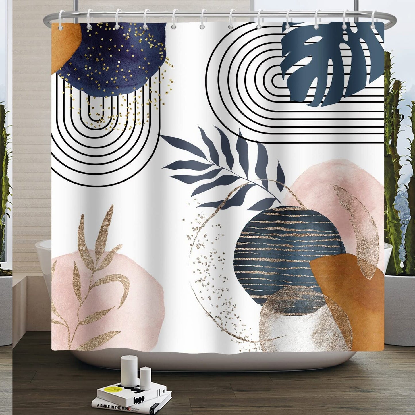 Boho Navy Blue Gold Plant Leaves Shower Curtain 72x78 Inches
