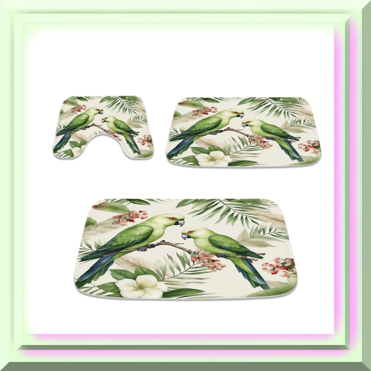 Green Tropical Parrot Bathroom Rugs 20x31 and 16x24 Set