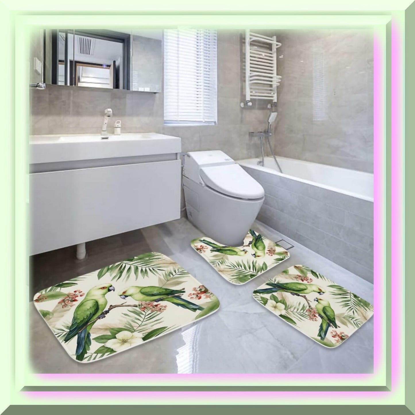 Green Tropical Parrot Bathroom Rugs 20x31 and 16x24 Set